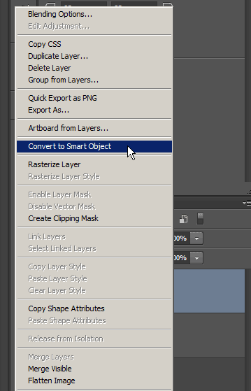 Context menu of layer with convert to smart object option highlighlighted