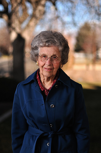 Grandma Benson portrait shot using a large aperture and flash. Multiple ND filters were used to bring the shutter speed within the max sync speed while avoiding overexposure.