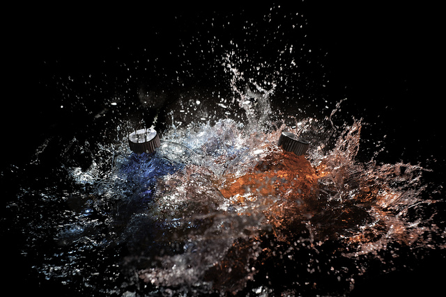 Exploding water filled baubles - flash triggered by sound used to capture the image