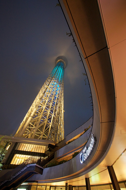 Wide angle photo at night looking up at a lit tower, taken using a micro four thirds camera at an aperture of f/4. This gives a depth of field equivalent to a full frame camera at f/8, but lets in more light, allowing use of a faster shutter speed or lower ISO.