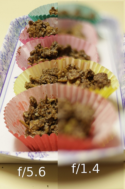 Photo of chocolate cornflake cakes showing the difference aperture makes to depth of field. The left half taken was at an aperture of f/5.6 and most of it is in sharp focus. The right half of the image was taken at f/1.4 and only a small section is in dharp focus.