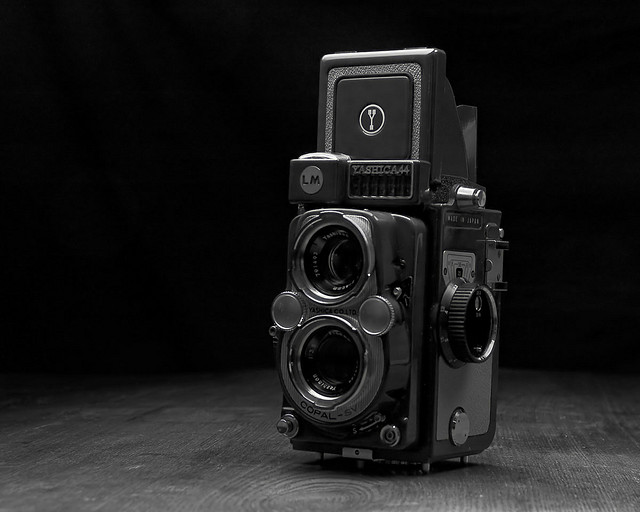 Yashica 44 lm TLR camera lit using flash through a shoot thru umbrella and a silver reflector