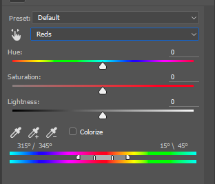 Hue / Saturation tool in Photoshop with Reds selected for adjustment