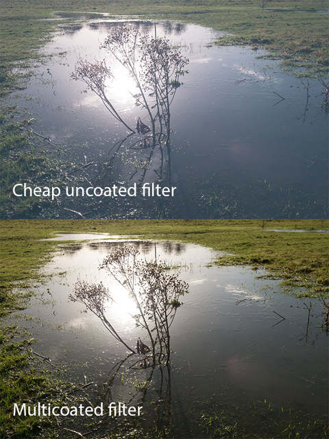 Comparison between a cheap uncoated ND filter and a more expensive multicoated ND filter. The cheap filter image is very low in contrast, due in great part to veiling flare from the filter.