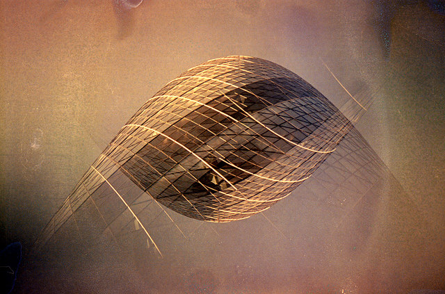 double exposure photo of the Gherkin building, using film