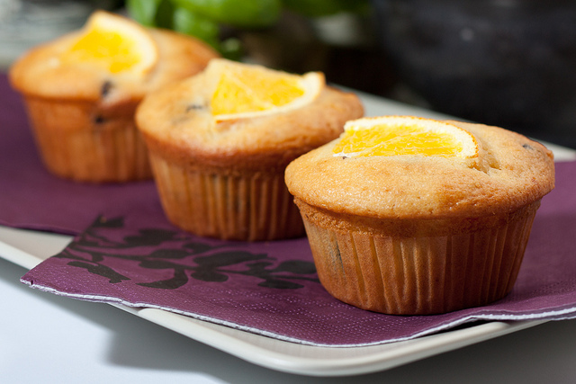 Chocolate orange muffins, lit by firing a speedlight flash with diffusion dome attached into a white card reflector behind and over the subject.