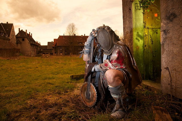 Post-apocalyptic LARP character photo where gelled flash and incorrect white balance were used to creatively alter the color of the photo.