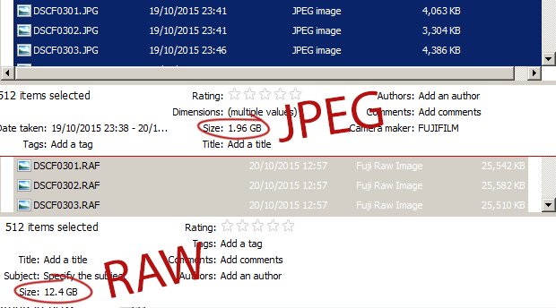 Comparison of file size of JPEG images versus RAW images